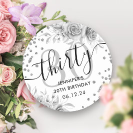 Silver Floral Glitter 30e verjaardag Script Ronde Sticker