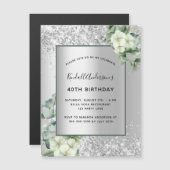 Silver floral greenery verjaardagsuitnodiging magn (Voorkant / Achterkant)