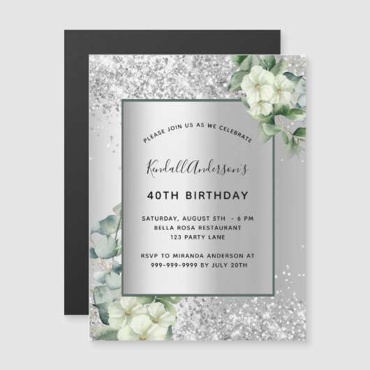 Silver floral greenery verjaardagsuitnodiging magn (Voorkant / Achterkant)