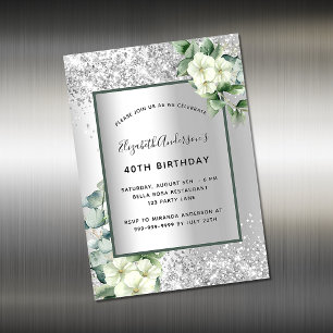 Silver floral greenery verjaardagsuitnodiging magn