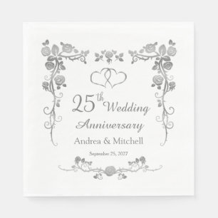 Silver Floral Hearts 25th Wedding Jubileum Servet