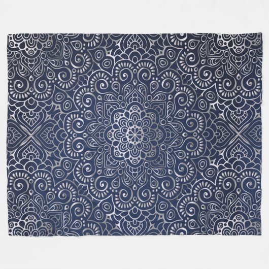 Silver Floral Mandala Fleece Deken (Voorkant (Horizontaal))