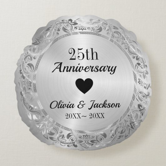 Silver Floral Ornament Rond Kussen (Voorkant)