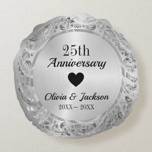 Silver Floral Ornament Rond Kussen (Achterkant)