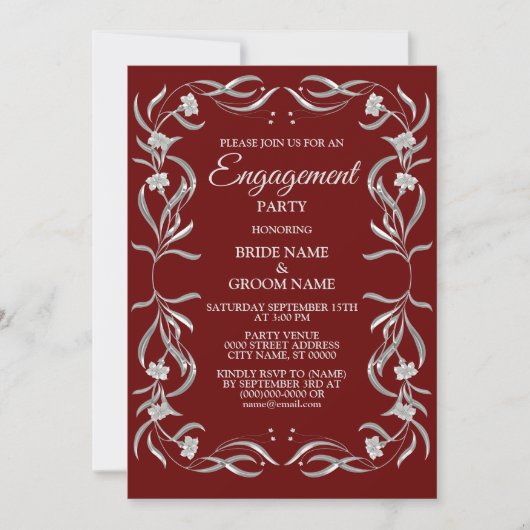  Silver Floral Pattern Red Engagement Party Kaart (Voorkant)