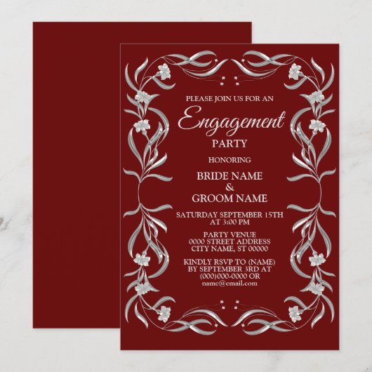 Silver Floral Pattern Red Engagement Party Kaart (Voorkant / Achterkant)