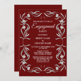  Silver Floral Pattern Red Engagement Party Kaart