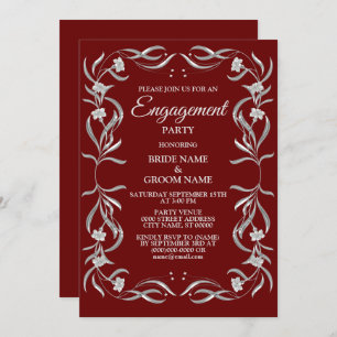 Silver Floral Pattern Red Engagement Party Kaart