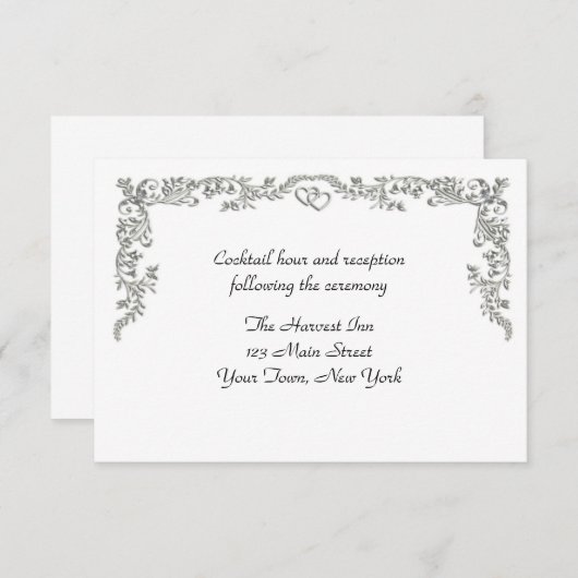 Silver Floral Scroll Border Reception Card Informatiekaartje (Voorkant / Achterkant)