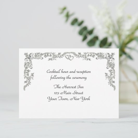Silver Floral Scroll Border Reception Card Informatiekaartje (Staand voorkant)