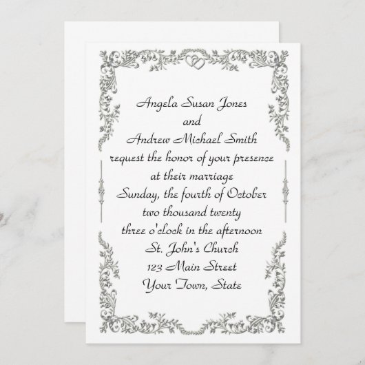 Silver Floral Scroll Border Uitnodiging (Voorkant / Achterkant)