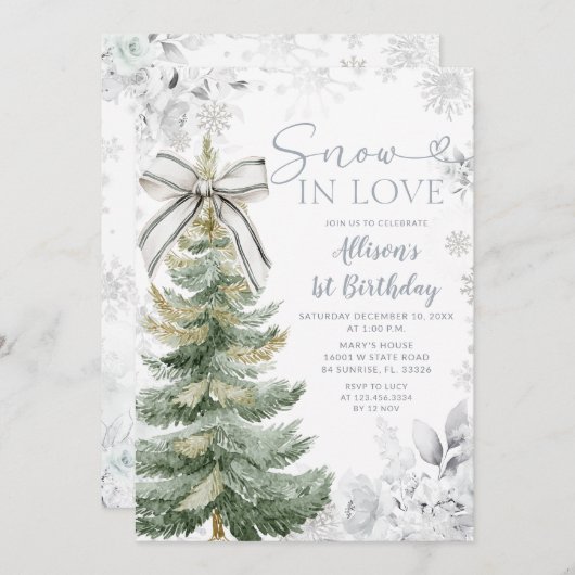 Silver Floral Snow In Love Christmas Tree Birthday Kaart (Voorkant / Achterkant)