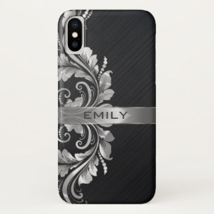 Silver Floral Swirl Black Background iPhone X Hoesje