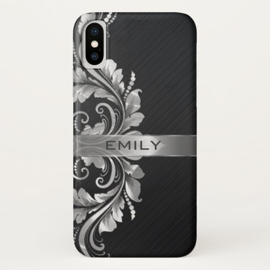 Silver Floral Swirl Black Background Case-Mate iPhone Case (Achterkant)