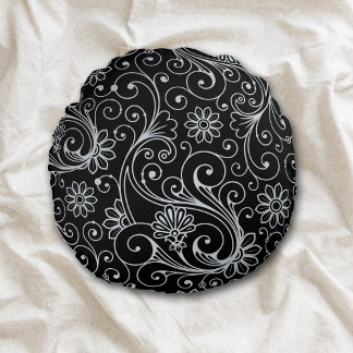 Silver Floral Swirl op Black Rond Kussen