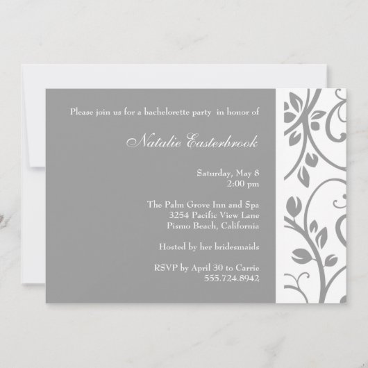 Silver Floral Vine Bachelorette Party Invitation Kaart (Voorkant)