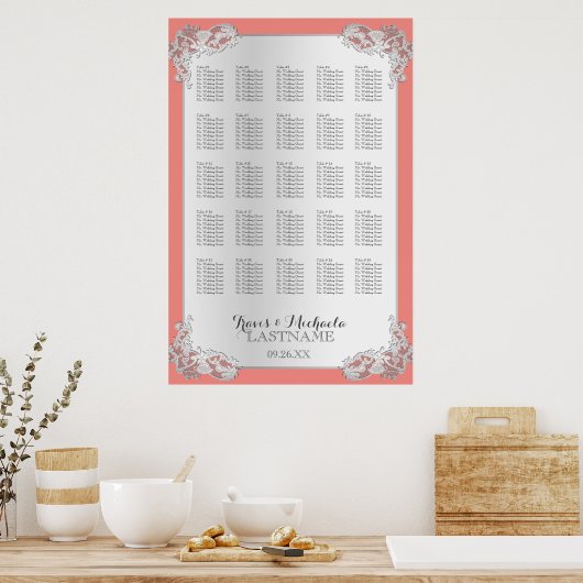 Silver Floral Wedding Seating Chart 24x36 Poster (Keuken)