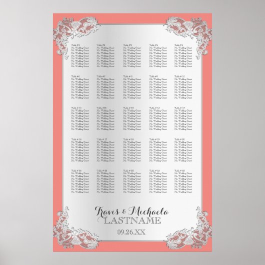 Silver Floral Wedding Seating Chart 24x36 Poster (Voorkant)