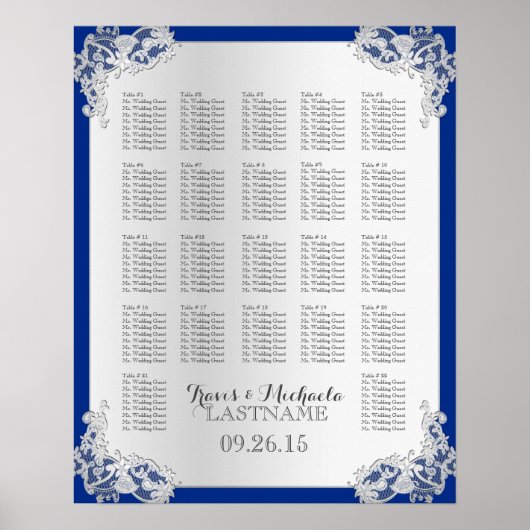 Silver Floral Wedding Seating Chart Poster (Voorkant)