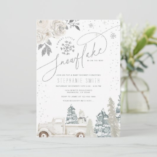 Silver Floral Winter Snowflake Baby shower Kaart (Staand voorkant)