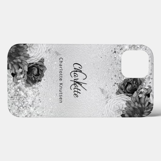Silver florals elegant monogram Case-Mate iPhone case (Achterkant (horizontaal))