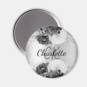 Silver florals elegant monogram magneet (Voorkant / Achterkant)