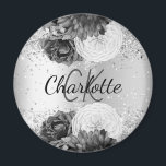Silver florals elegant monogram magneet<br><div class="desc">Een faux zilverachtige achtergrond,  versierd met bloemen. Pas uw monogram initialen aan en voeg uw voornaam toe</div>