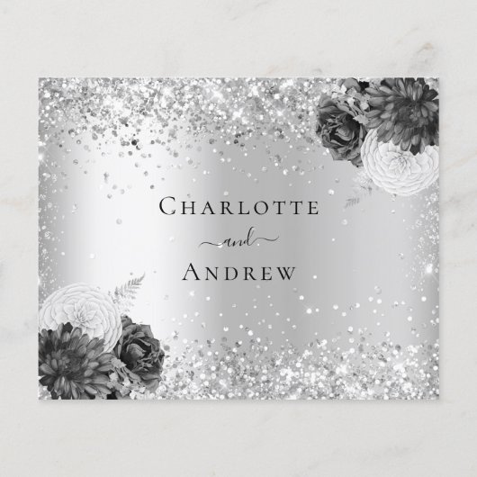Silver Florals glitter budget bruiloft RSVP Flyer (Achterkant)