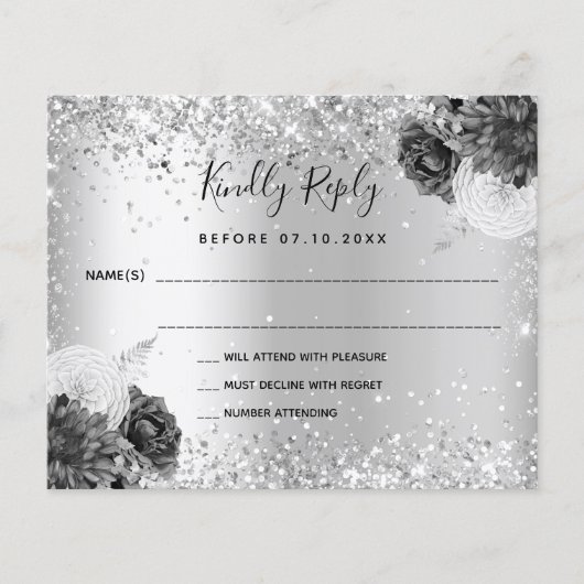 Silver Florals glitter budget bruiloft RSVP Flyer (Voorkant)