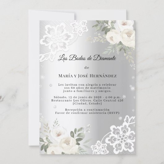 Silver Florals Invitación Bodas de Diamante Kaart (Voorkant)