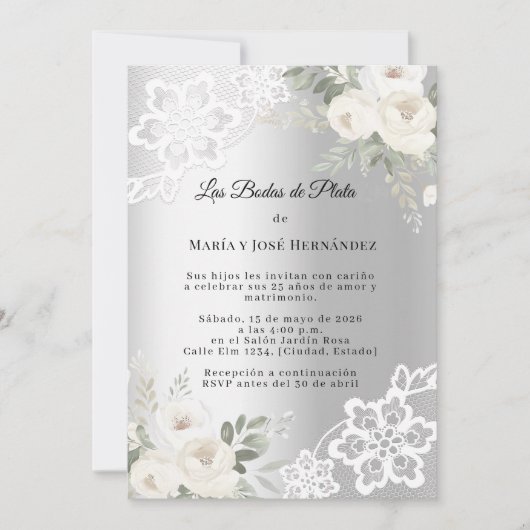 Silver Florals Invitación Bodas de Plata Kaart (Voorkant)
