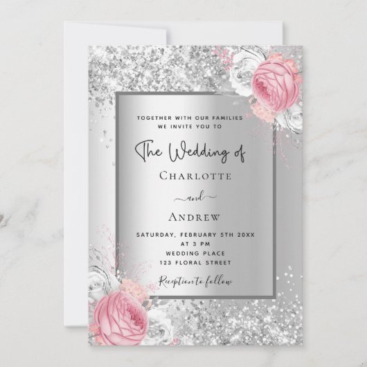Silver florals roze witte elegante bruiloft kaart (Voorkant)