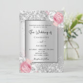 Silver florals roze witte elegante bruiloft kaart (Staand voorkant)