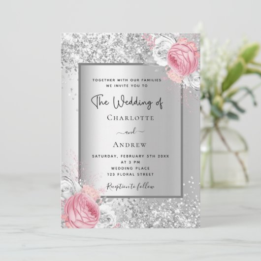 Silver florals roze witte elegante bruiloft kaart (Staand voorkant)