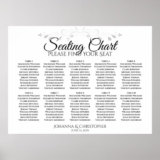 Silver Flourish 10 Table Wedding Seating Chart Poster (Voorkant)