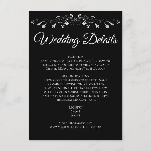 Silver Flourish Elegant Black Wedding Details Informatiekaartje (Voorkant)