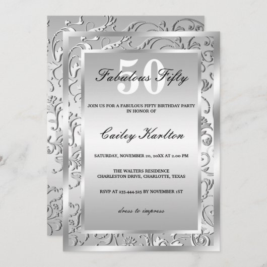 Silver Flourish Pattern Fabulous Fifty Kaart (Voorkant / Achterkant)