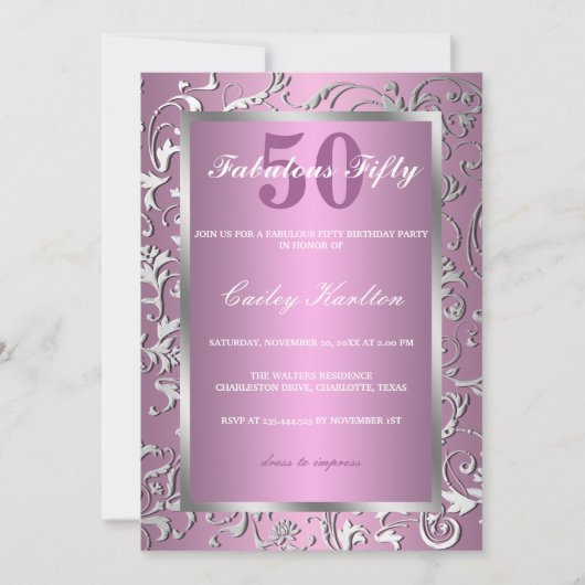 Silver Flourish  Pattern roze Fabulous 50 Kaart (Voorkant)