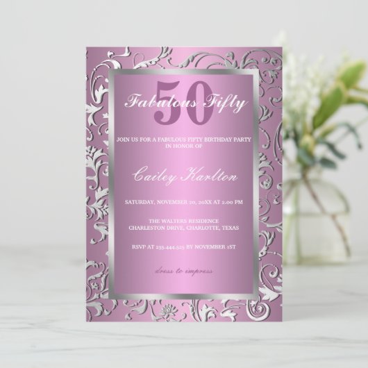 Silver Flourish  Pattern roze Fabulous 50 Kaart (Staand voorkant)