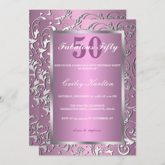 Silver Flourish  Pattern roze Fabulous 50 Kaart (Voorkant / Achterkant)