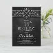 Silver Flower Black 75th Birthday Party Kaart (Staand voorkant)