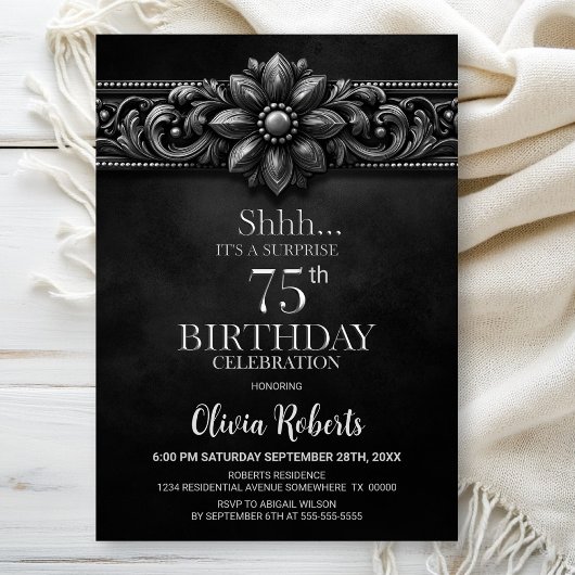 Silver Flower Black Surprise 75th Birthday Party Kaart