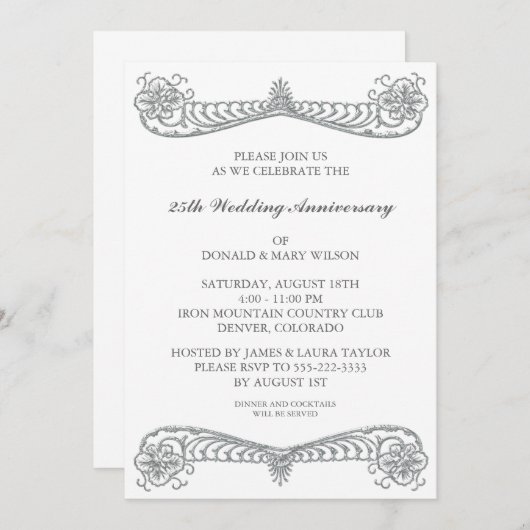 Silver Flower Scroll 25th Silver Jubileum Party Kaart (Voorkant / Achterkant)