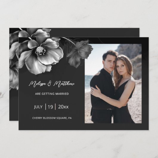 Silver Flowers Black Wedding Save The Date (Voorkant / Achterkant)