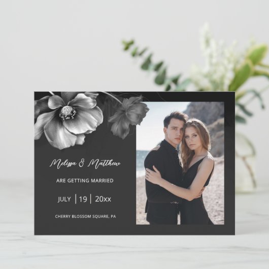 Silver Flowers Black Wedding Save The Date (Staand voorkant)