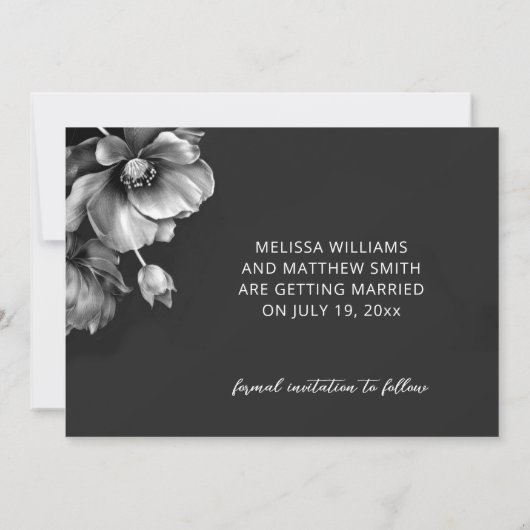 Silver Flowers Black Wedding Save The Date (Achterkant)