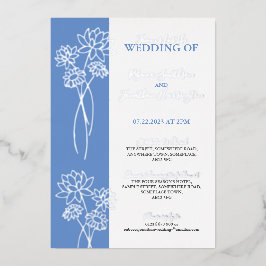 Silver Flowers Blue Photo Wedding Folie Uitnodigin Uitnodiging