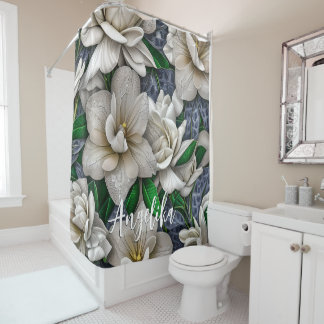 Silver Flowers en Glitters met persoonlijke naam Douchegordijn