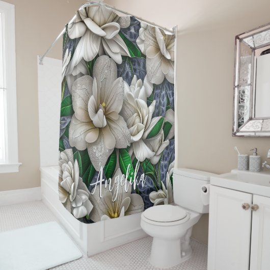 Silver Flowers en Glitters met persoonlijke naam Douchegordijn (In situ)