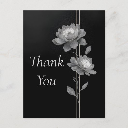 Silver Flowers & Lines on Black Thank You Card Briefkaart (Voorkant)